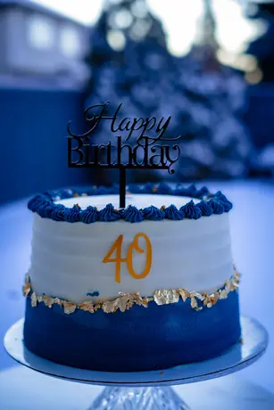 Blue and white fortieth birthday cake