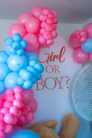 Pink and blue gender reveal balloon display