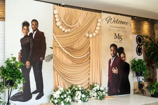 Gold draped memorial stage