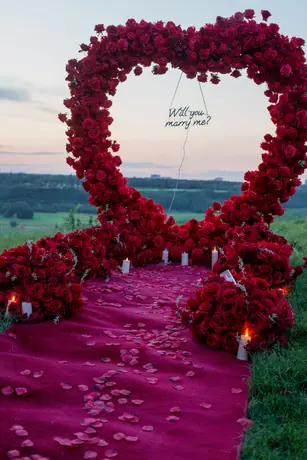 Outdoor red rose heart proposal display