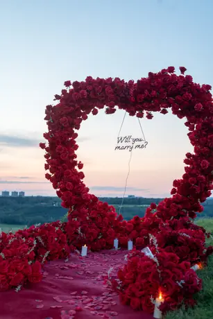 Red rose heart proposal overlooking the city