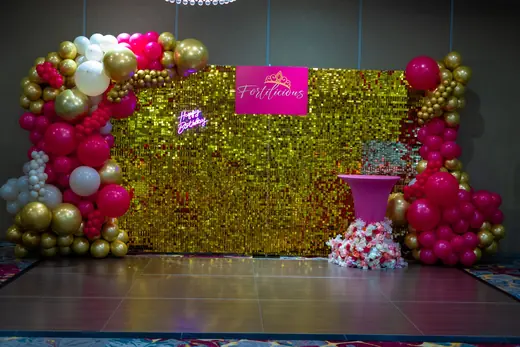 Pink and gold balloon sequin backdrop