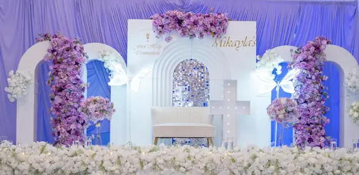 White and purple fortieth birthday backdrop